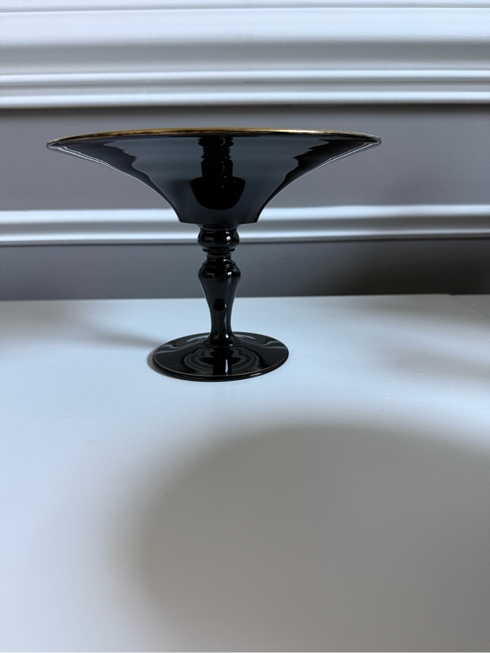 Vintage Art Deco Black Glass Compote Gold Silver Embossed Rim RARE Cambridge